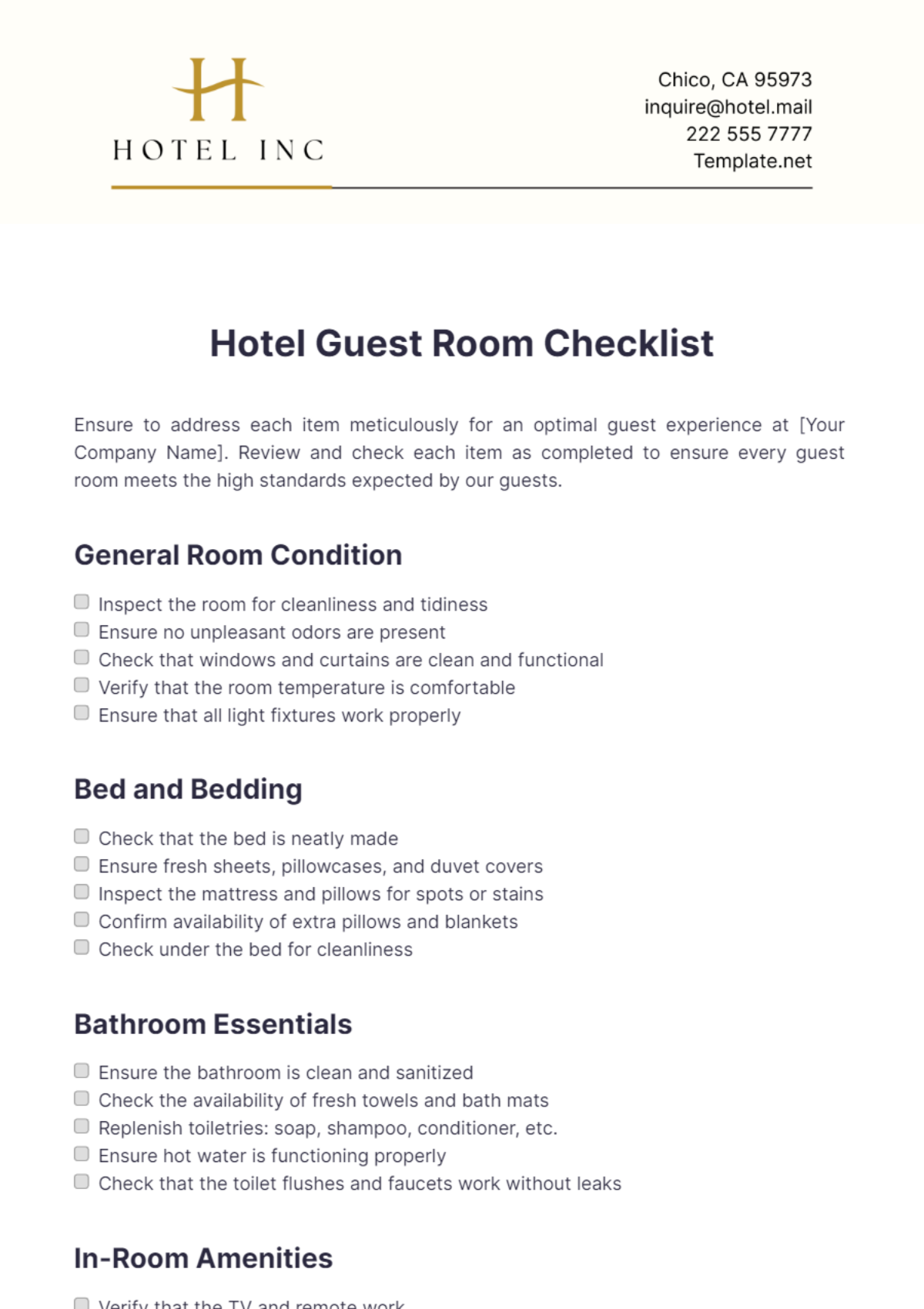 Hotel Guest Room Checklist Template - Edit Online & Download