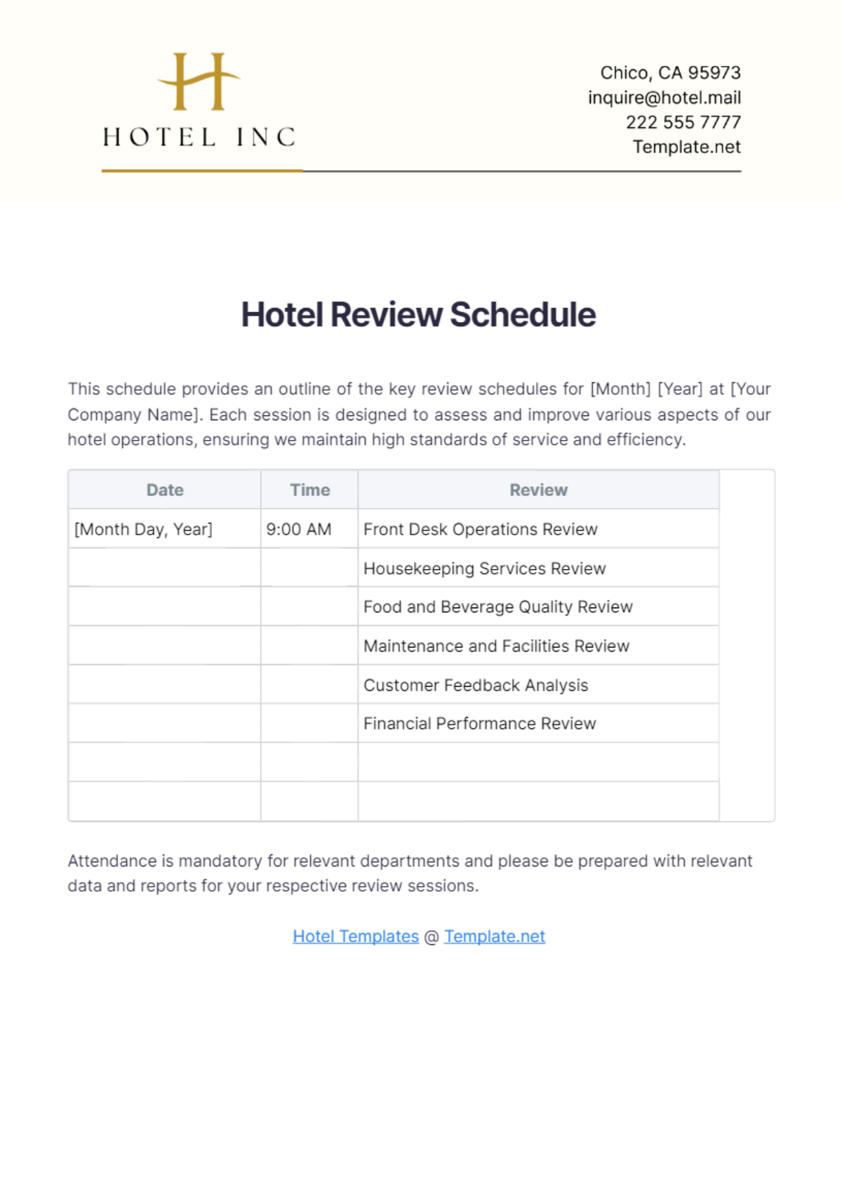 Hotel Review Schedule Template - Edit Online & Download