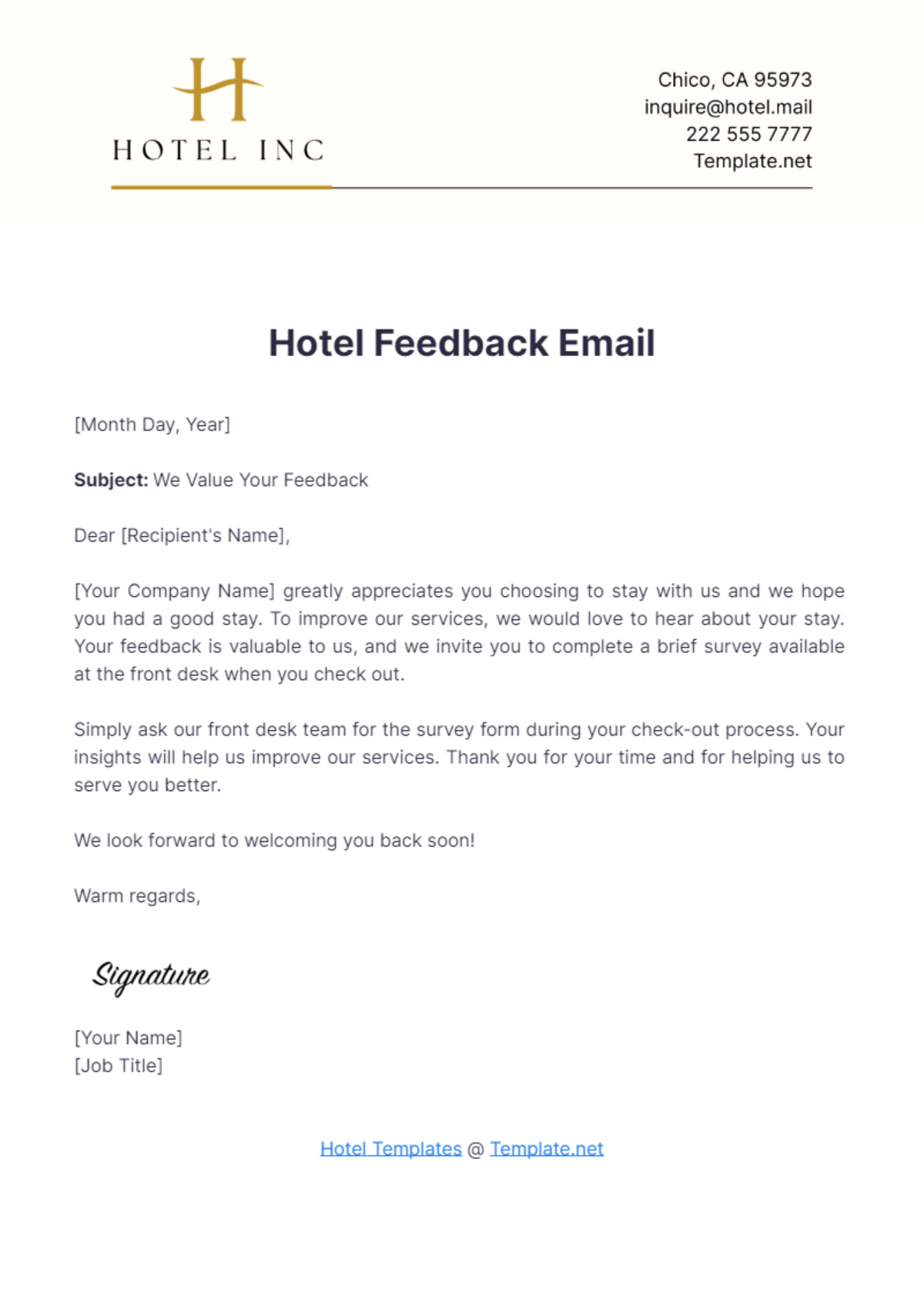 Hotel Feedback Email Template - Edit Online & Download