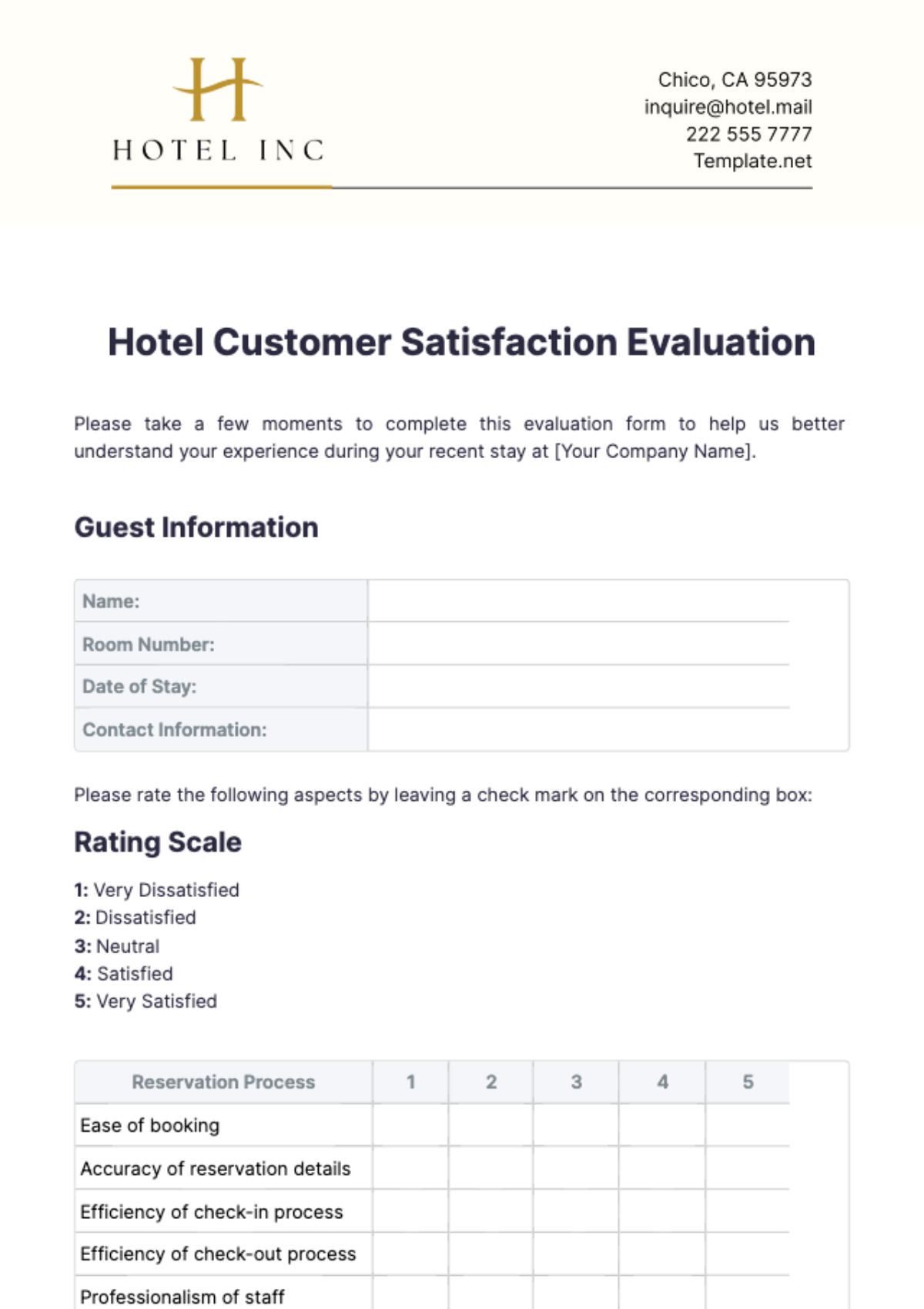 Hotel Customer Satisfaction Evaluation Template - Edit Online & Download