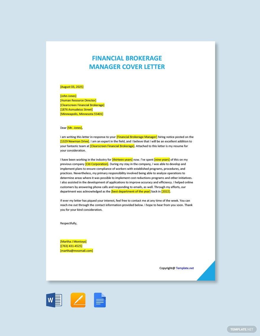 Financial Brokerage Manager Cover Letter in Word, Google Docs, PDF, Apple Pages