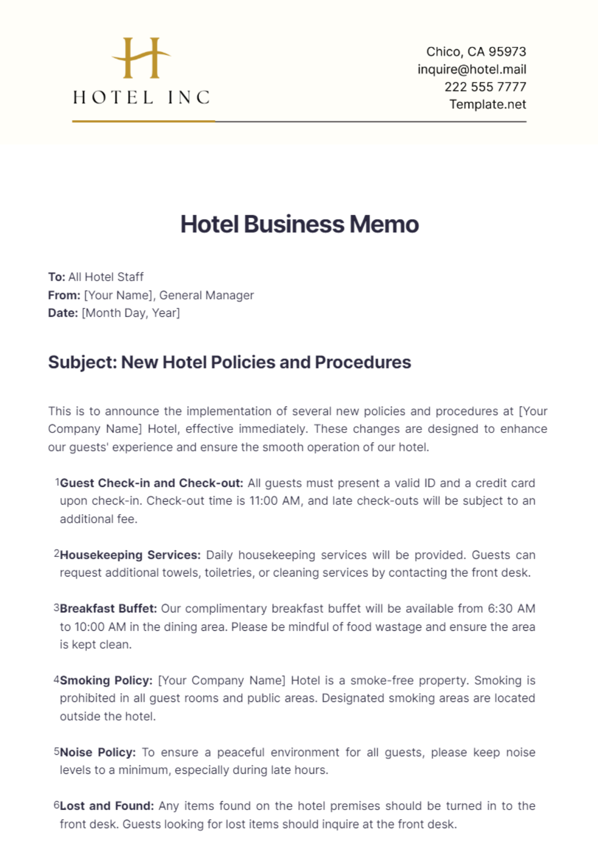 Hotel Business Memo Template - Edit Online & Download