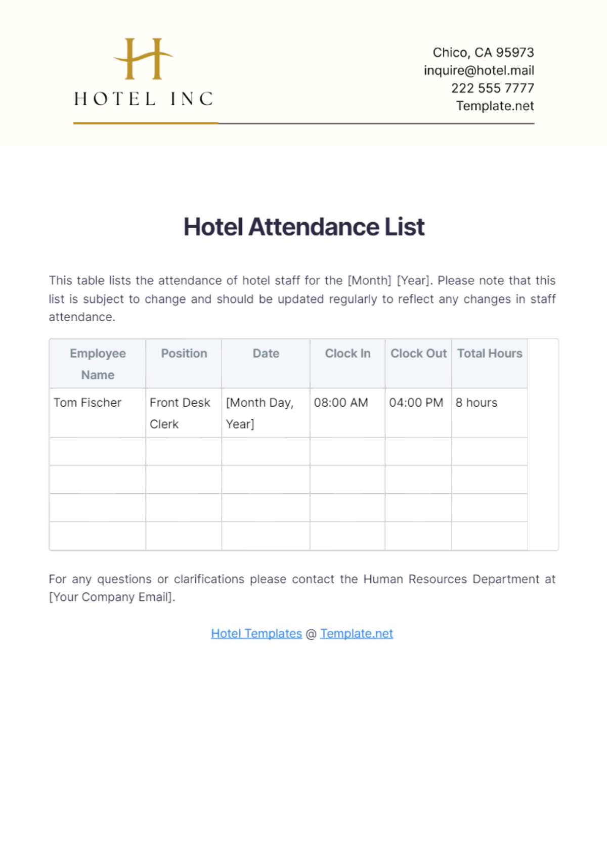 Hotel Attendance List Template - Edit Online & Download