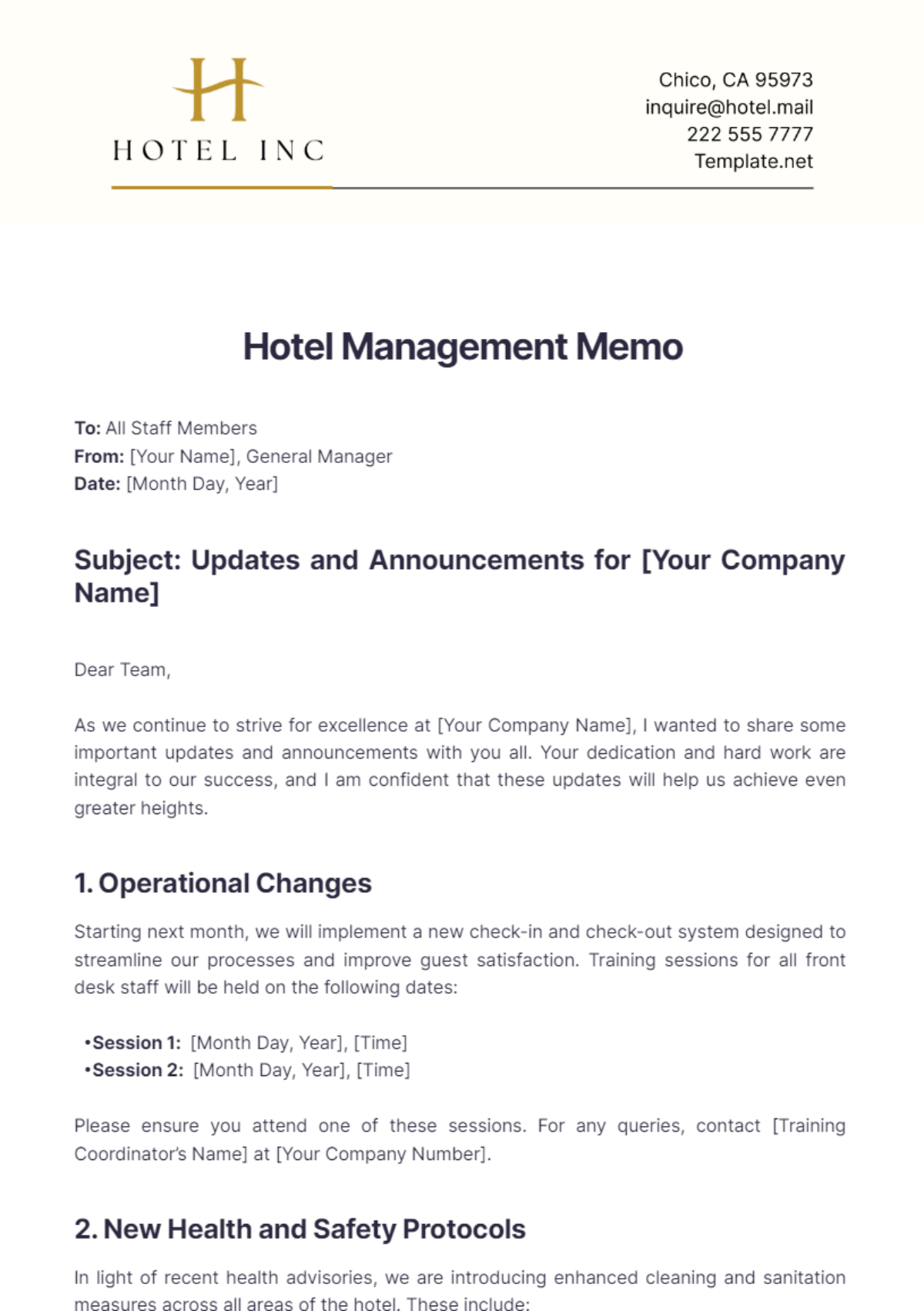 Hotel Management Memo Template - Edit Online & Download