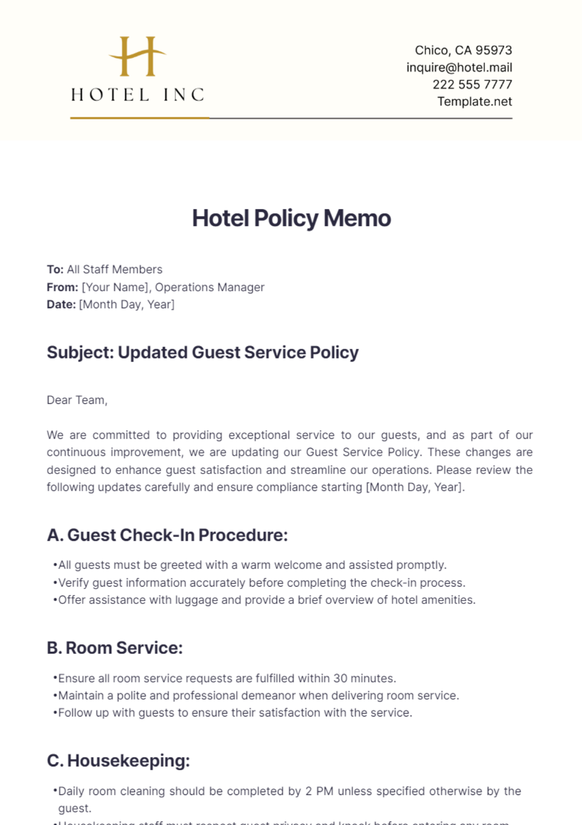 Hotel Policy Memo Template - Edit Online & Download