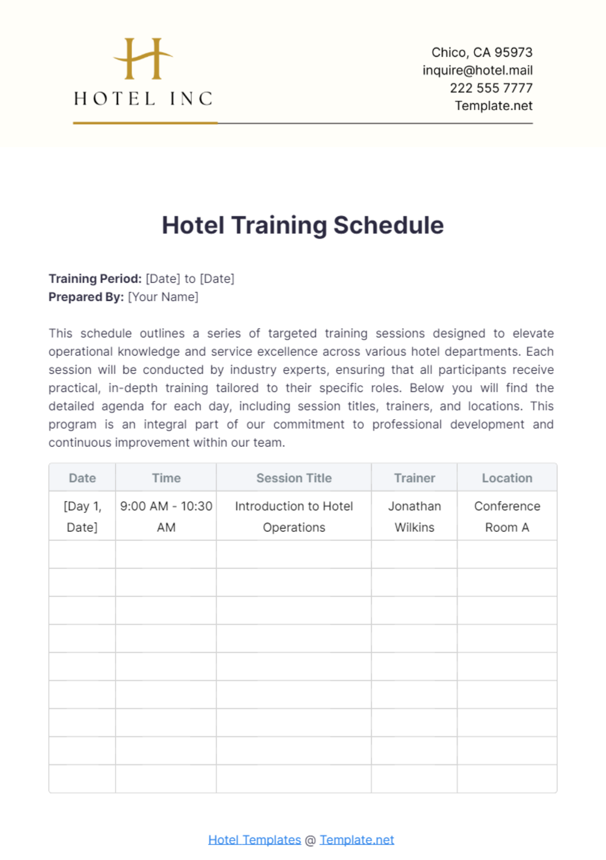 Hotel Training Schedule Template - Edit Online & Download