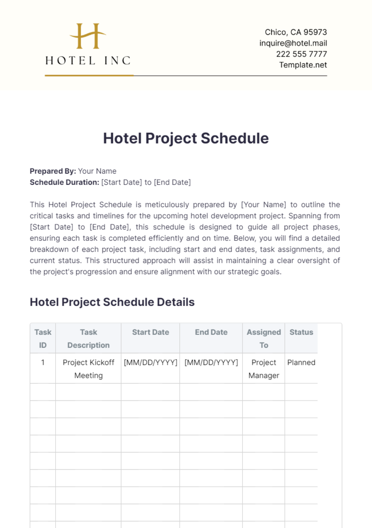 Hotel Project Schedule Template - Edit Online & Download