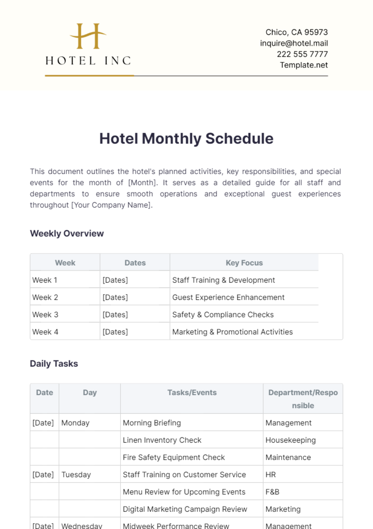 Hotel Monthly Schedule Template - Edit Online & Download