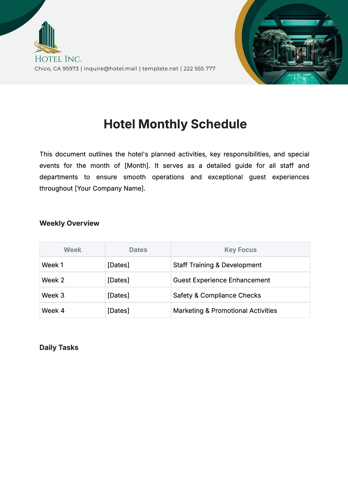 Free Hotel Monthly Schedule Template