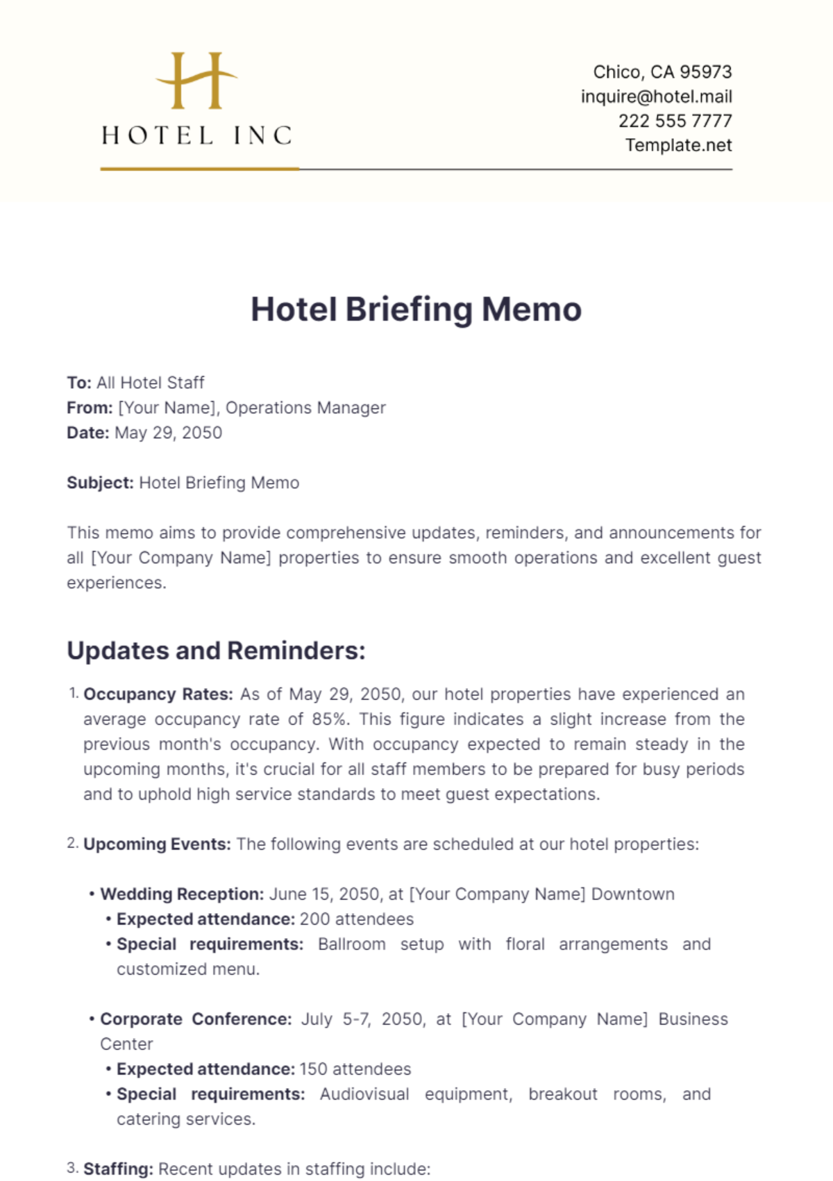 Hotel Briefing Memo Template - Edit Online & Download