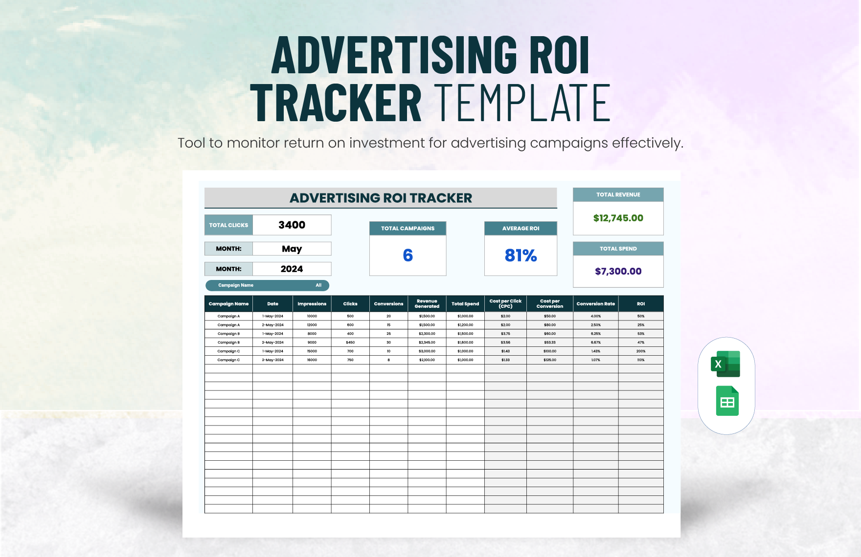 Advertising ROI Tracker Template in Excel, Google Sheets
