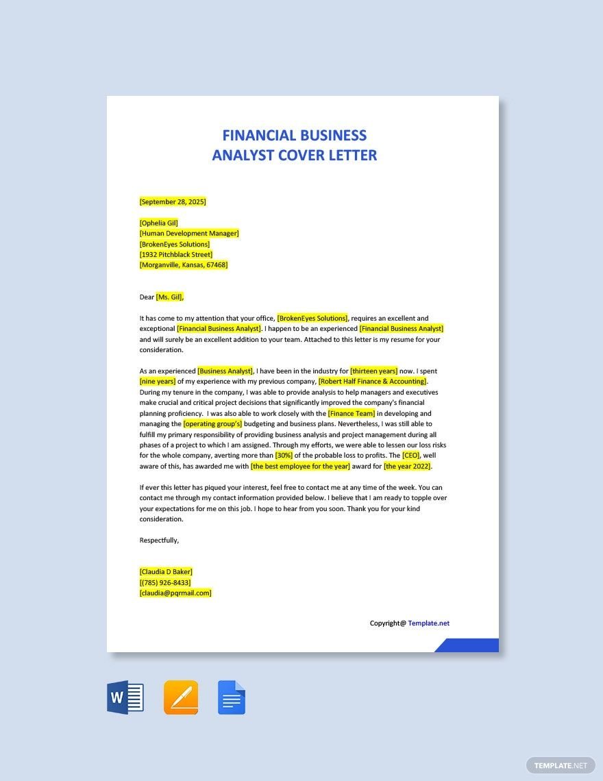 Financial Business Analyst Cover Letter