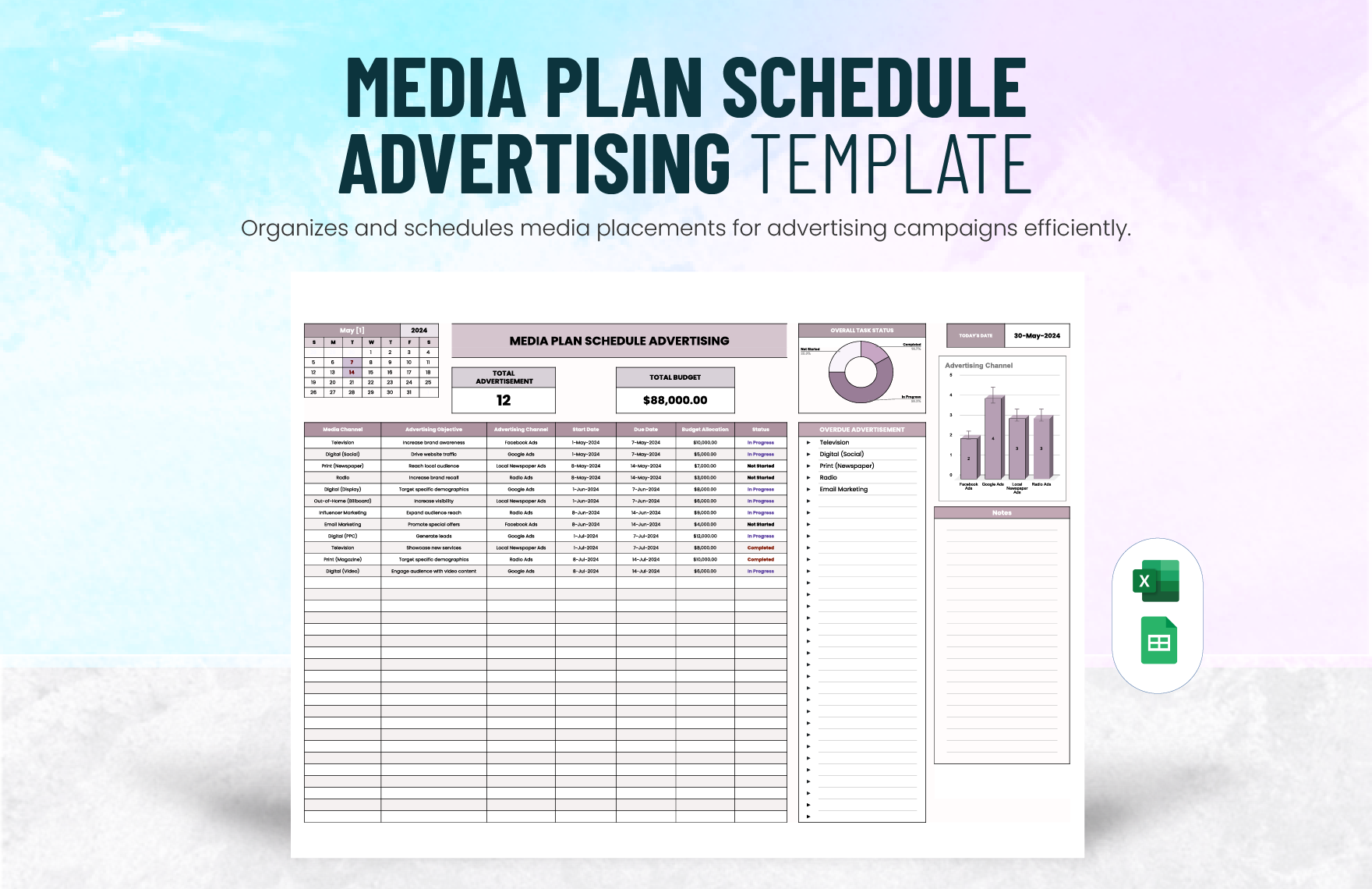Media Plan Schedule Advertising Template in Excel, Google Sheets