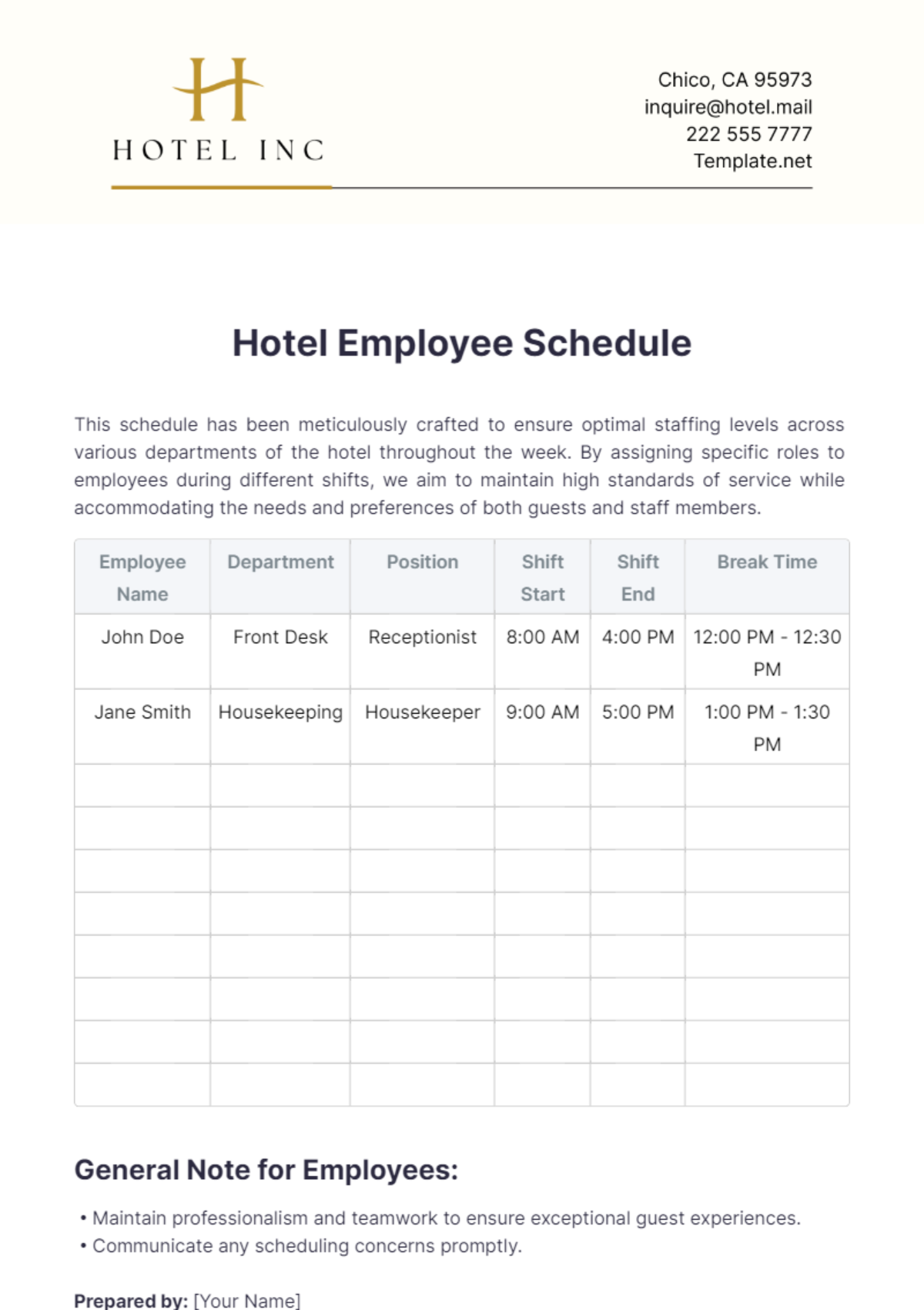 Hotel Employee Schedule Template - Edit Online & Download