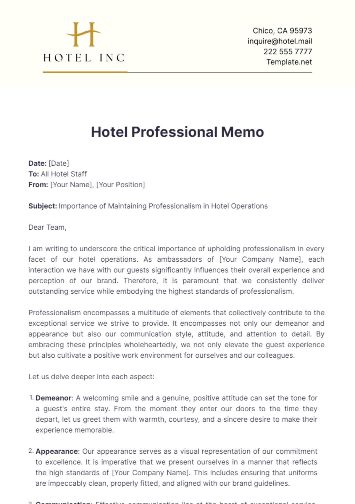 Hotel Professional Memo Template - Edit Online & Download