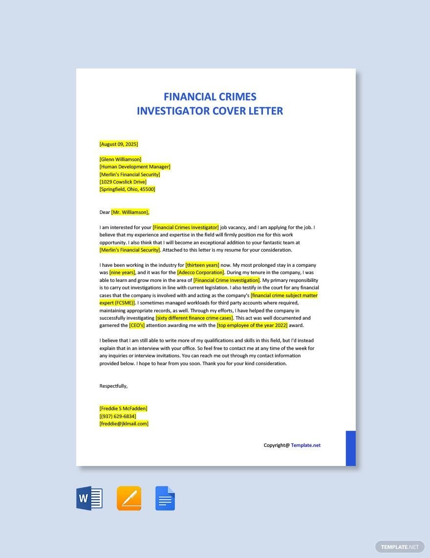 Financial Crimes Investigator Cover Letter in Word, Google Docs, PDF, Apple Pages