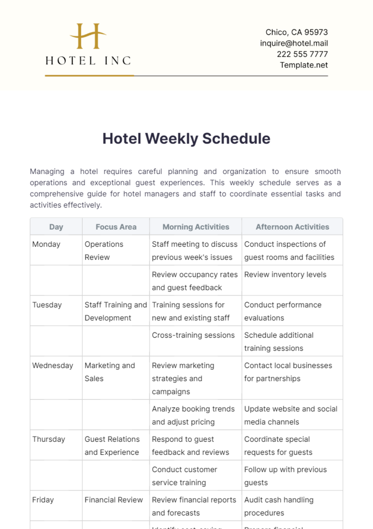 Hotel Weekly Schedule Template - Edit Online & Download