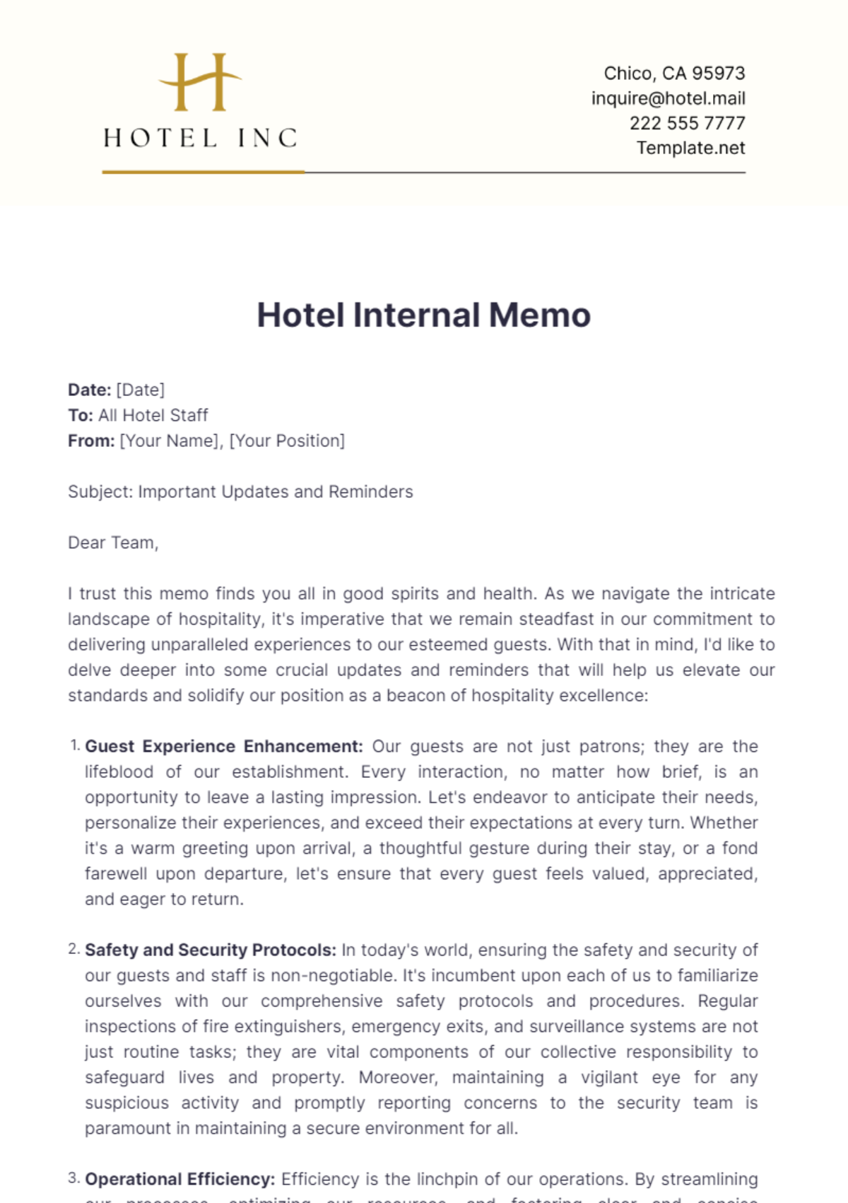 Hotel Internal Memo Template - Edit Online & Download