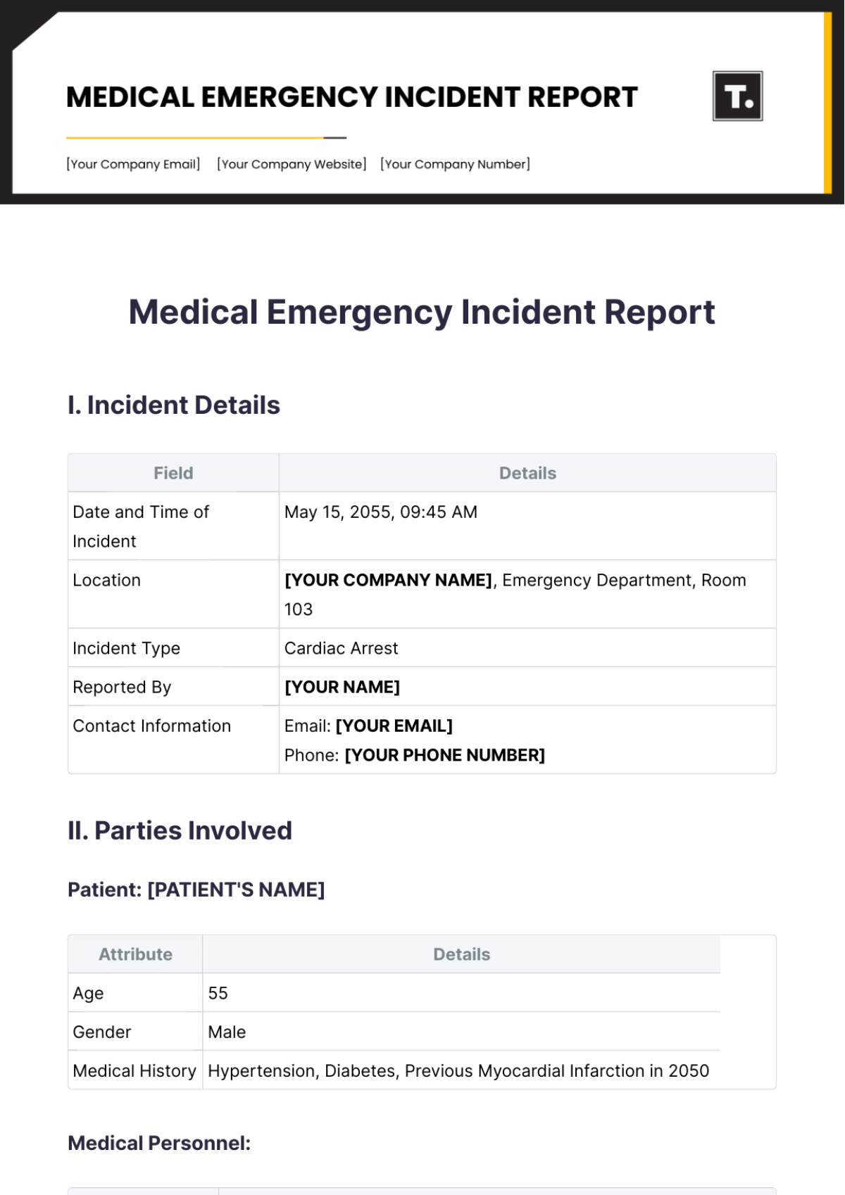 Medical Emergency Incident Report Template - Edit Online & Download