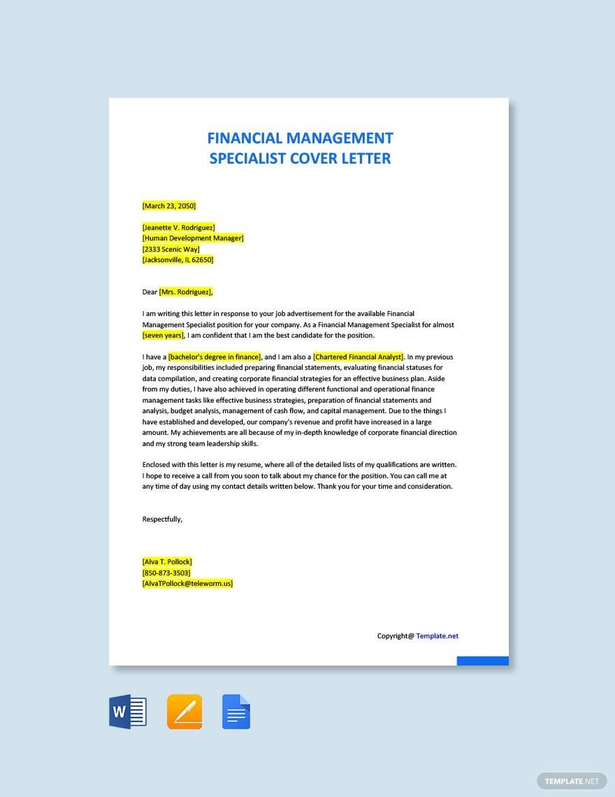Financial Management Specialist Cover Letter