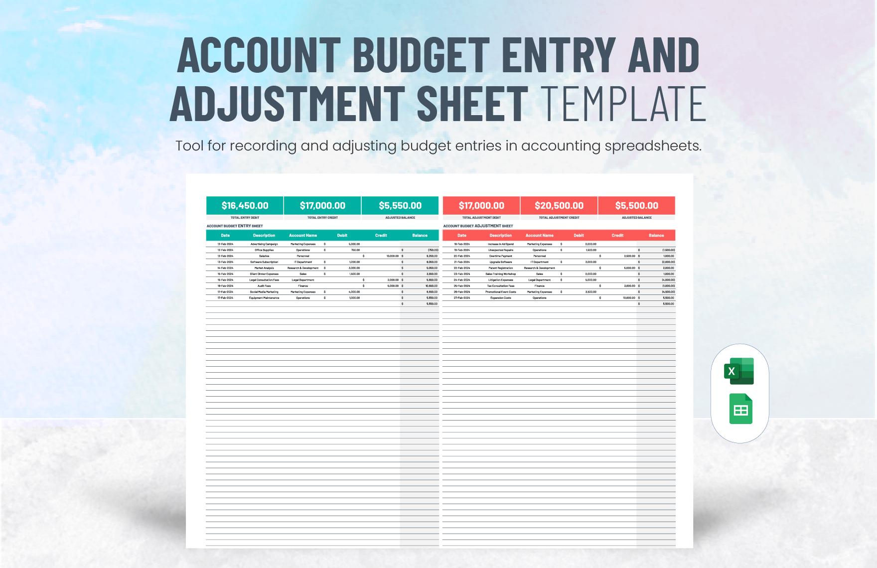 Account Budget Entry and Adjustment Sheet Template in Excel, Google Sheets