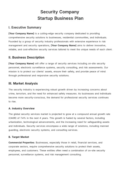 Free Security Company Startup Business Plan Template to Edit Online