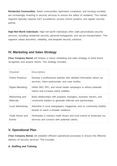 Free Security Company Startup Business Plan Template to Edit Online