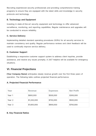 Free Security Company Startup Business Plan Template to Edit Online