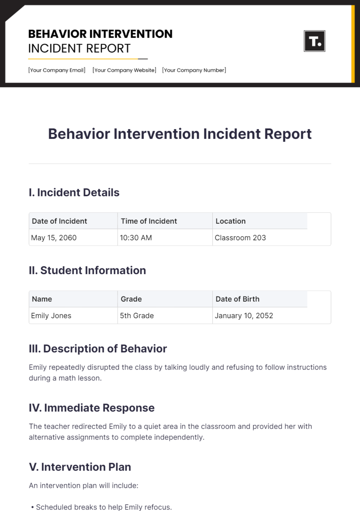 Behavior Intervention Incident Report Template - Edit Online & Download