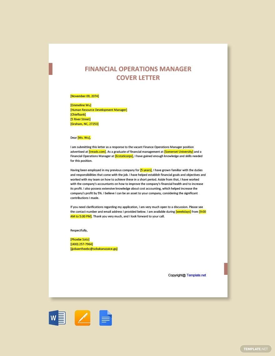 Financial Operations Manager Cover Letter