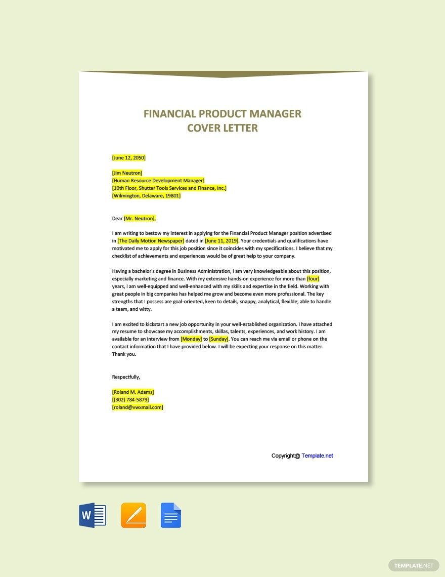 Financial Product Manager Cover Letter
