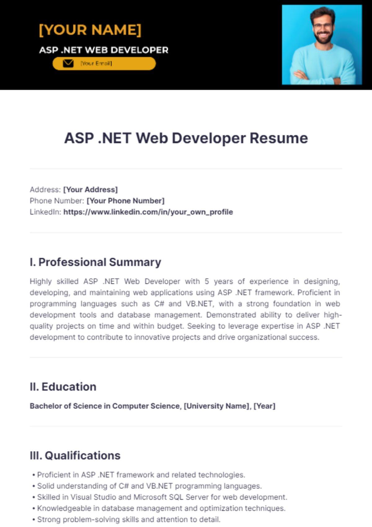 ASP .NET Web Developer Resume - Edit Online & Download