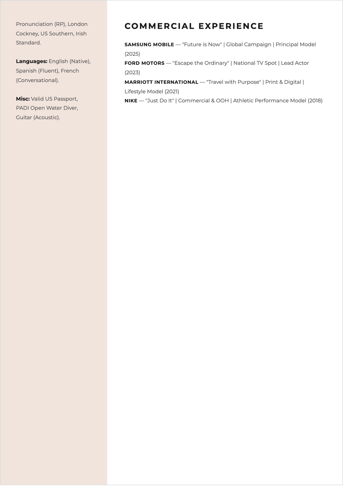 Free Model Acting ATS Resume Template, AI Resume Builder