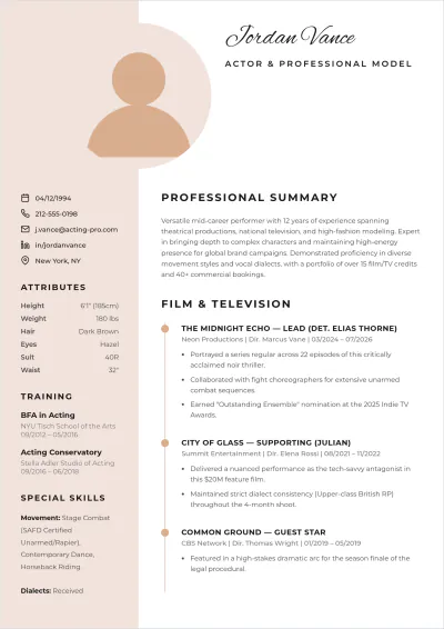 Free Model Acting ATS Resume Template, AI Resume Builder