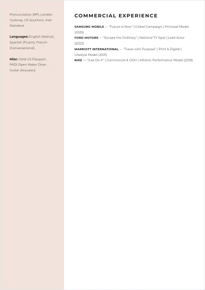 Free Model Acting ATS Resume Template, AI Resume Builder