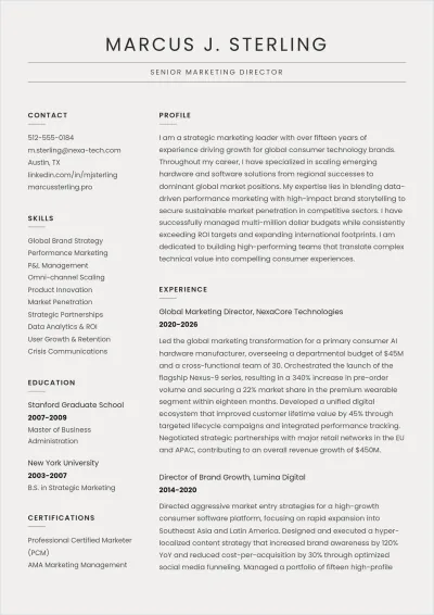 Free Marketing Director ATS Resume Template, AI Resume Builder