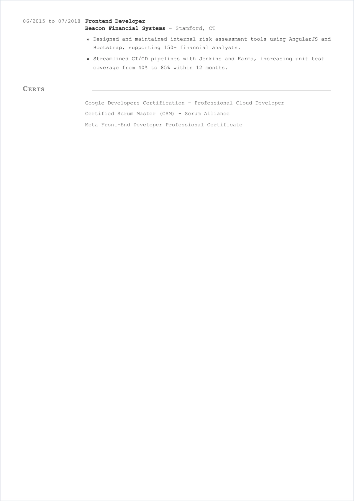 Free Angular JS Web Developer ATS Resume Template, AI Resume Builder