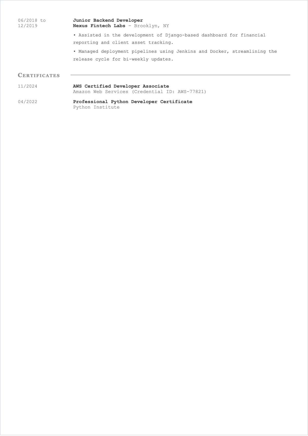Free Python Web Developer ATS Resume Template, AI Resume Builder