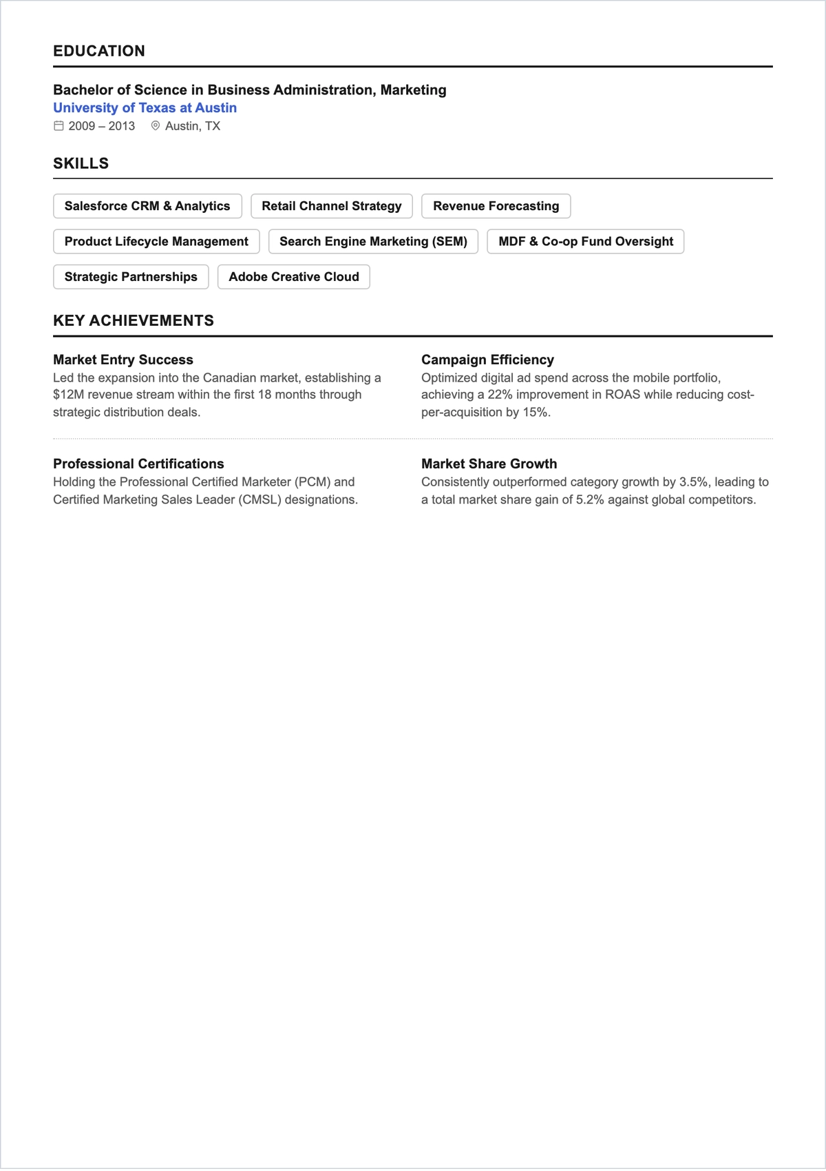 Free Sales And Marketing Manager ATS Resume Template