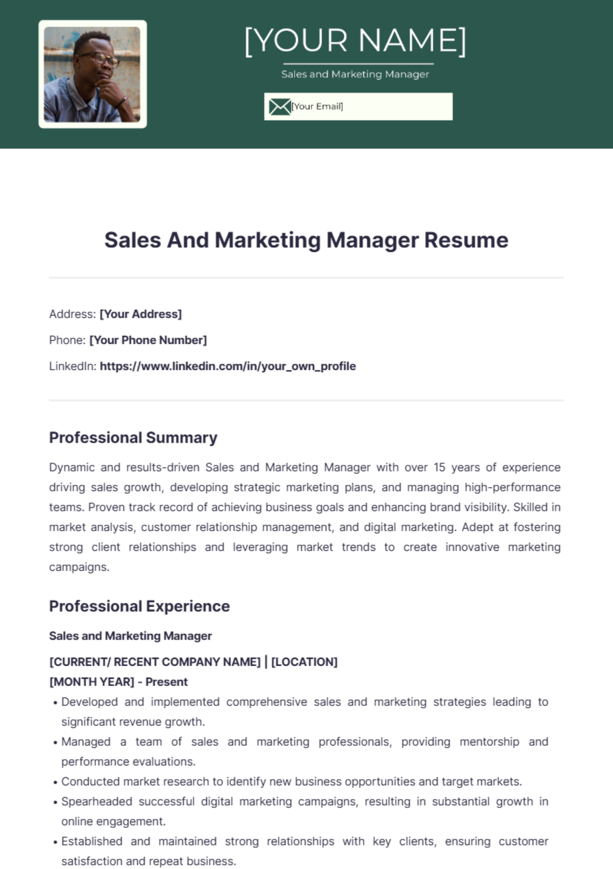 Sales And Marketing Manager Resume - Edit Online & Download