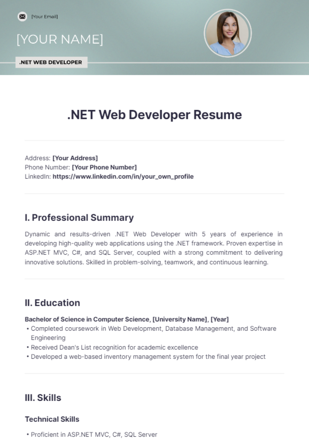 .NET Web Developer Resume - Edit Online & Download