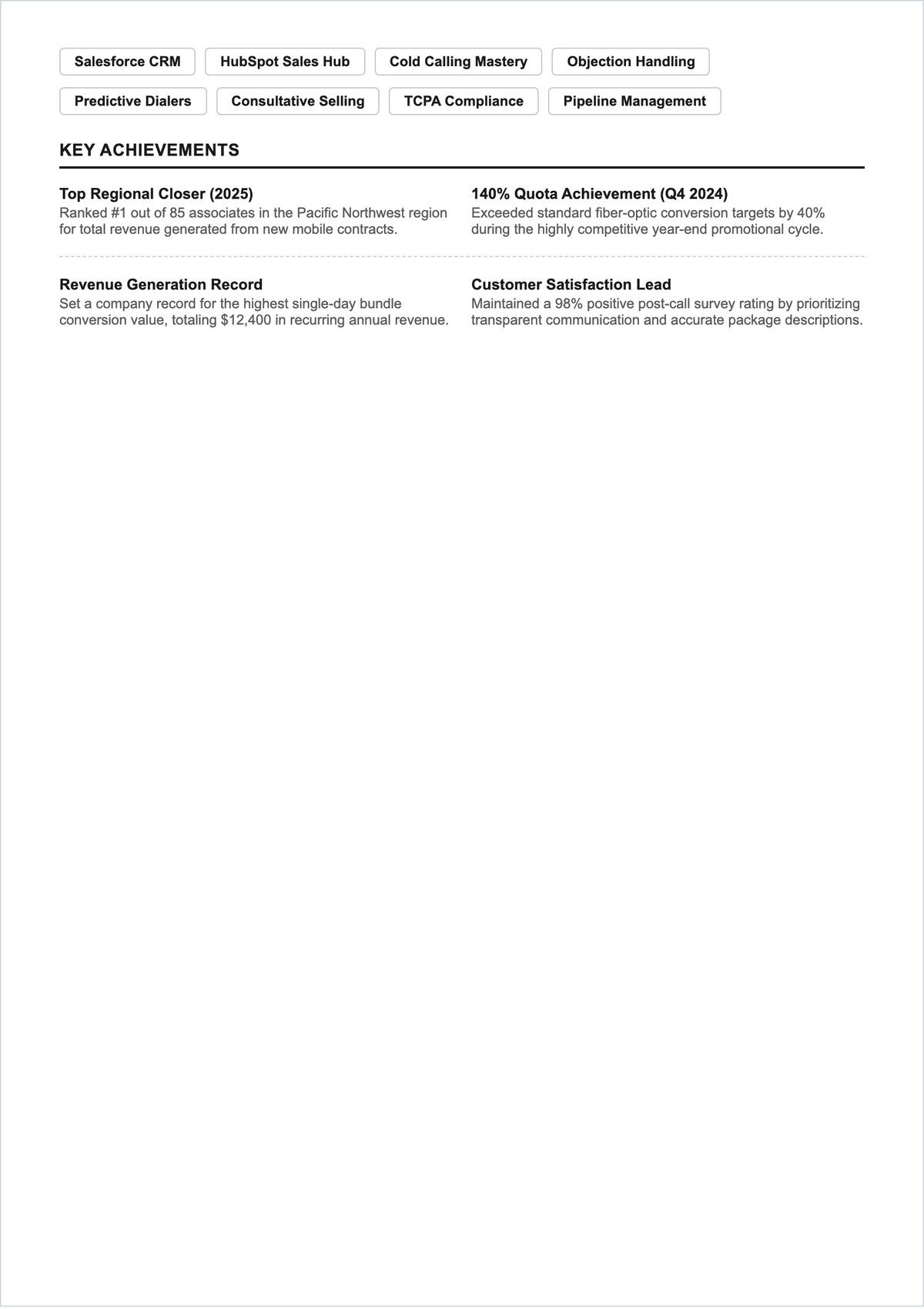 Free Telemarketing Sales Associate ATS Resume Template