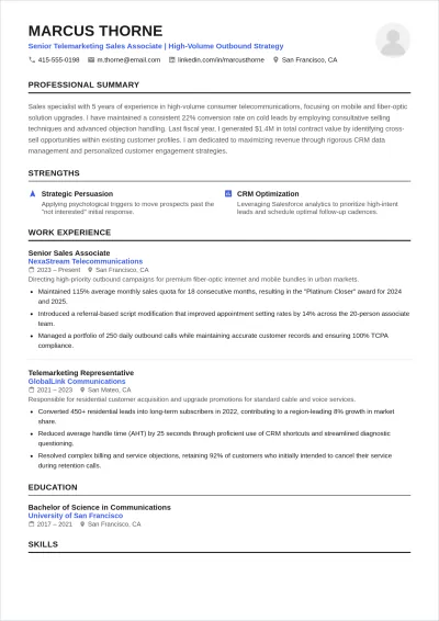 Free Telemarketing Sales Associate ATS Resume Template