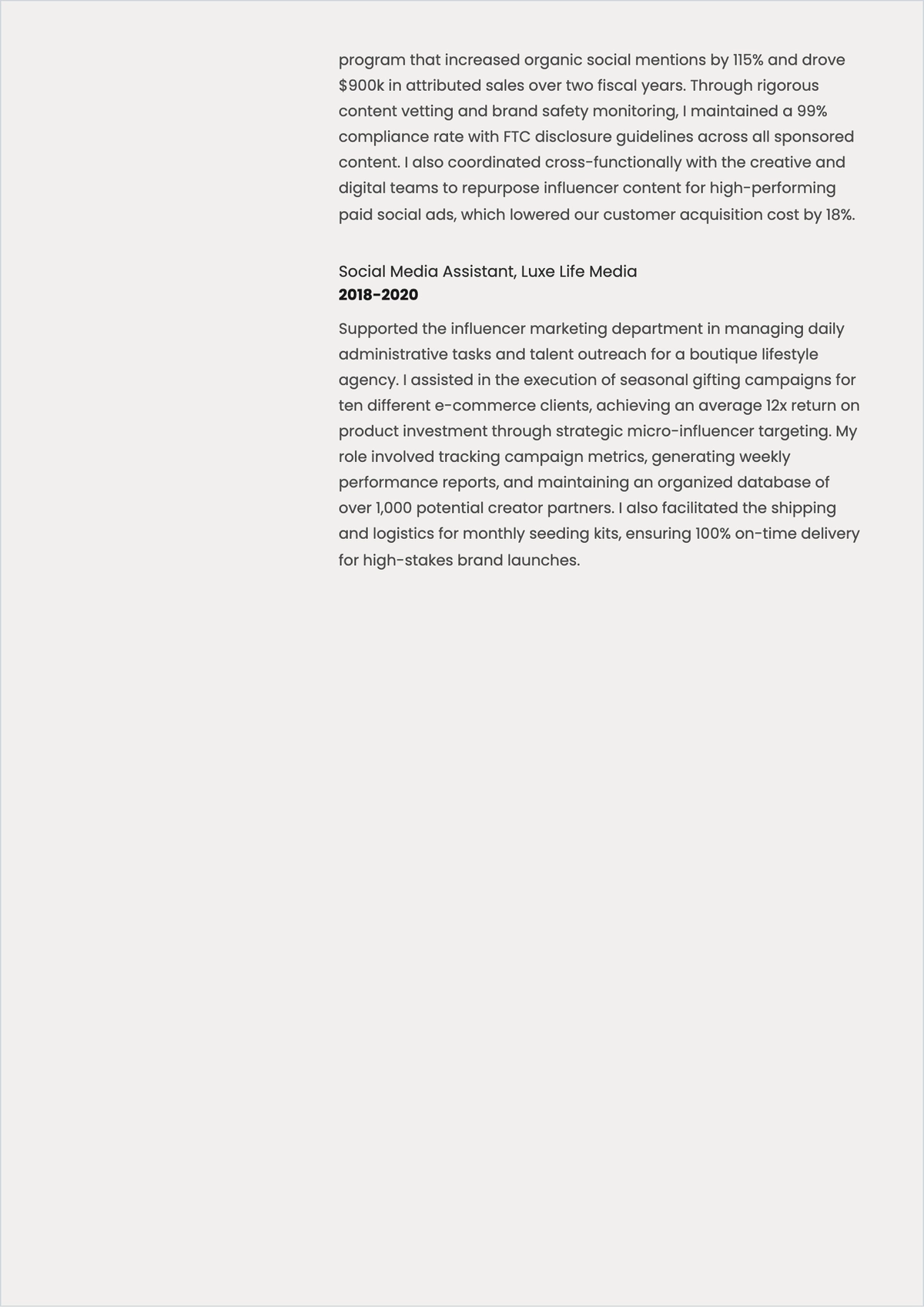 Free Influencer Marketing Coordinator ATS Resume Template