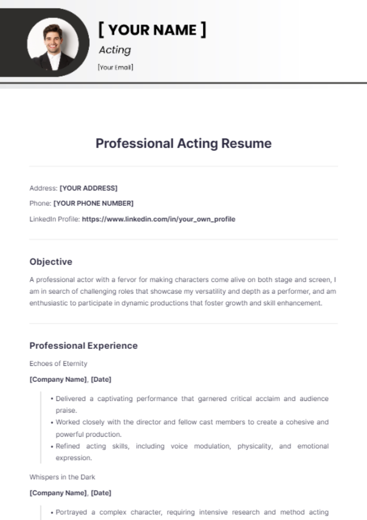 Professional Acting Resume - Edit Online & Download