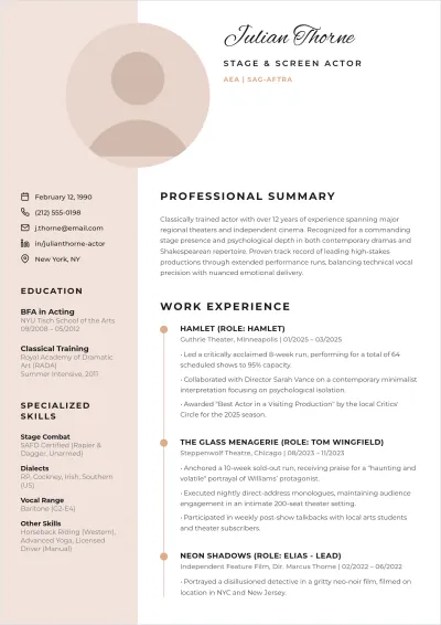 Free Professional Acting ATS Resume Template, AI Resume Builder