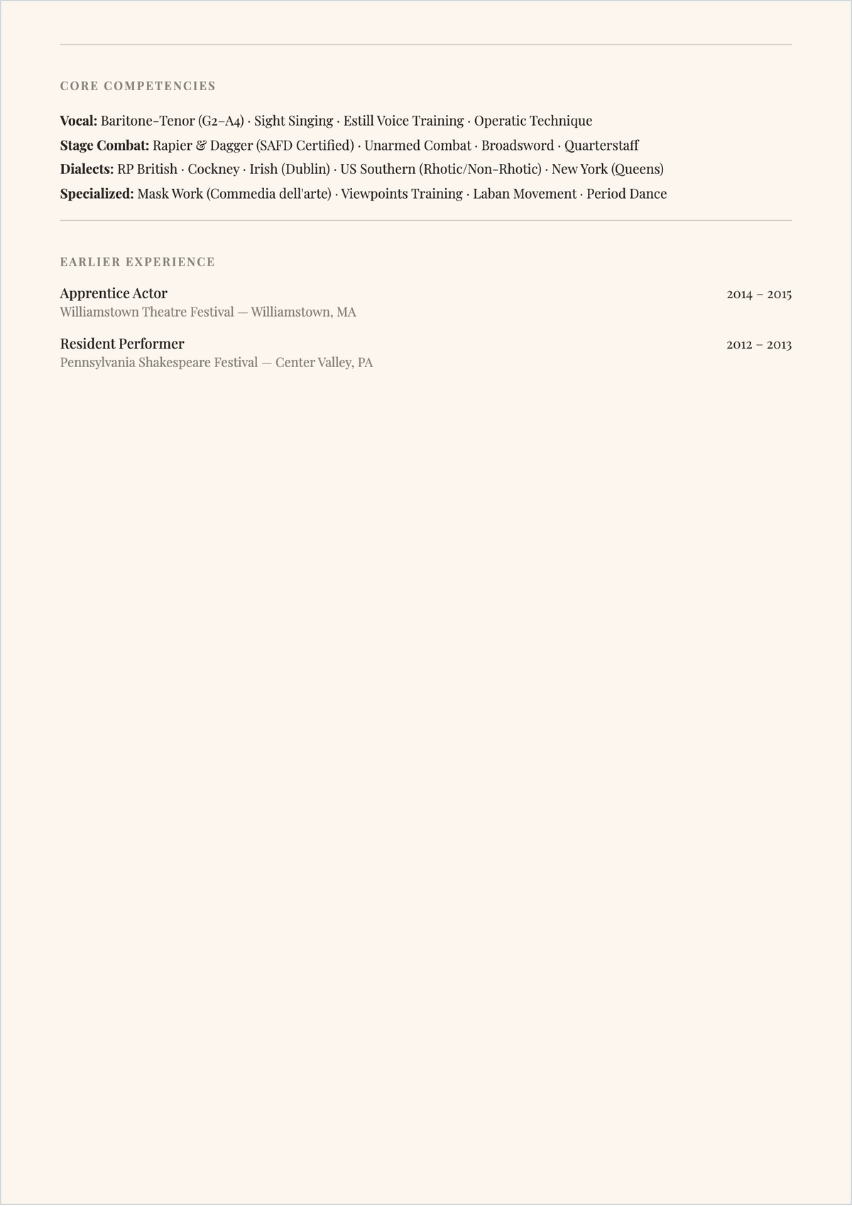 Free Stage Experience Acting ATS Resume Template, AI Resume Builder