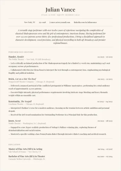 Free Stage Experience Acting ATS Resume Template, AI Resume Builder