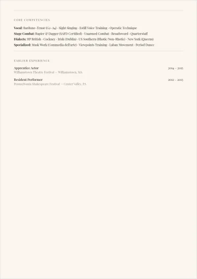 Free Stage Experience Acting ATS Resume Template, AI Resume Builder