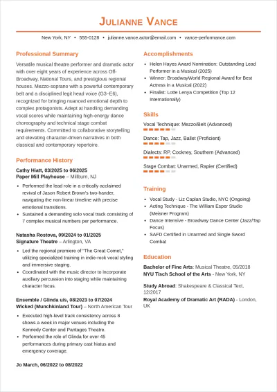 Free Acting Singing ATS Resume Template, AI Resume Builder